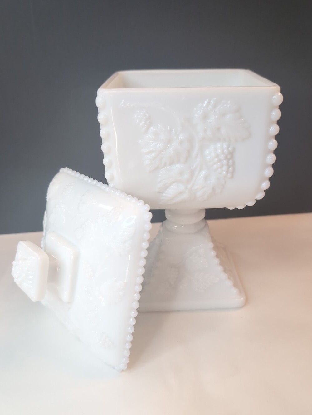 Vintage Westmoreland "Paneled Grape" 9" Milk Glass Pedestal Candy Dish With Lid